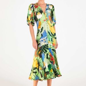 FARM Rio Vintage Toucans Button-Down Midi Dress, M NWOT